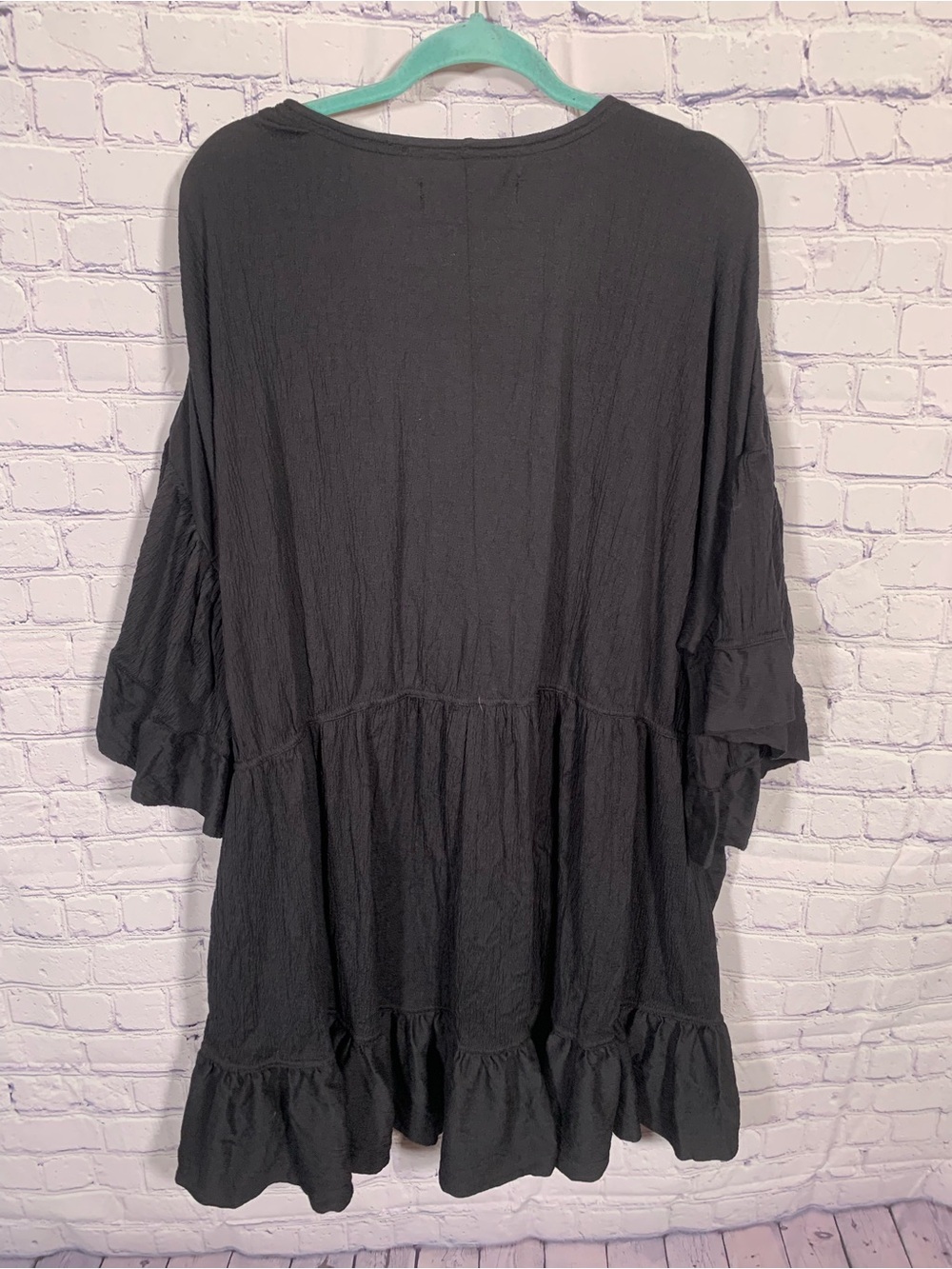 Free People Beach Mini Dress Black Flared Sleeves Sqaure Neck M Oversized - Picture 3 of 5